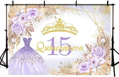 Miniatura 4 de AIBIIN Telón de fondo de quinceañera de 15 cumpleaños de 7 x 5 pies para niña dulce, bohemio, morado con purpurina Mis Quince Anos, fondo