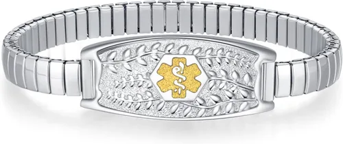 Miniatura 11 de Pulsera de Alerta Médica Elástica Oliva Divoti – Etiqueta de ID de Acero Inoxidable Grabada Personalizada – Hipoalergénica, Sin Cierre