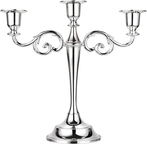 OwnMy Candelabro de metal de 3 brazos, soporte de vela elegante para boda, mesa de comedor, Navidad, fiesta, decoración del hogar (tono plateado)