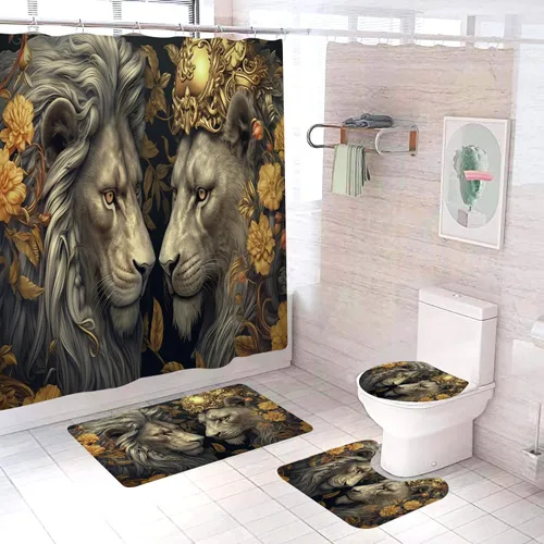 Miniatura 13 de Juego de 4 cortinas de ducha de león salvaje, cortina de pareja de tigre Leo africano con alfombra antideslizante, cubierta para tapa de inodoro