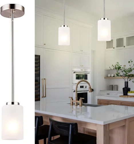 Miniatura 2 de Accesorios de Luz Colgante Mini de 1 Luz, Lámpara de Techo Industrial con Pantallas Blancas Opacas, Altura Ajustable, Iluminación Colgante de Níquel