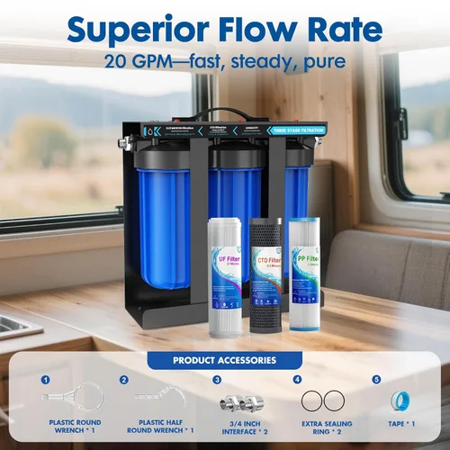 Miniatura 5 de Sistema de Filtro de Agua para RV, Sistema de Filtración de Agua para RV de 0.01 Micrón, Filtración de 5 Etapas PP+CTO+UF, Elimina Sedimentos