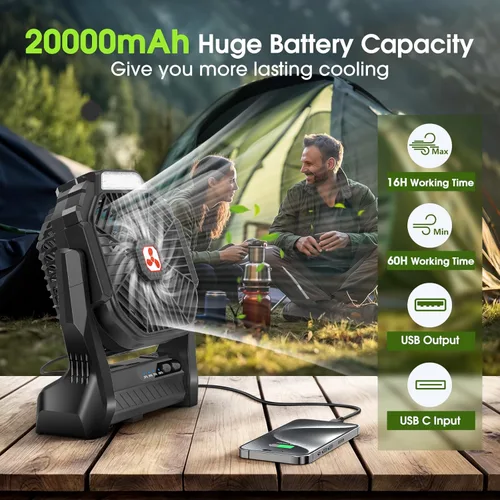 Miniatura 2 de Ventilador Recargable Portátil, 20000mAh Ventiladores de Batería Inalámbrica para Tienda de Campaña con Linterna SOS y LED, Pequeño Ventilador USB C