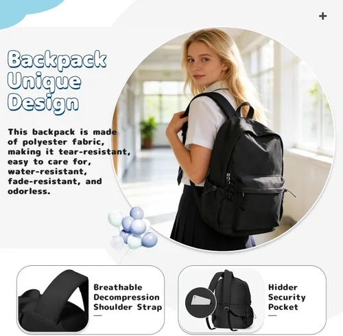 Miniatura 6 de Mochila escolar negra para niñas, niños, escuela secundaria, universidad, mochila para libros, linda mochila estética, bolsa ligera, impermeable