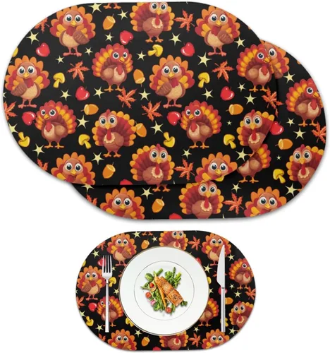 Miniatura 18 de Non Slip Placemats Set of 6 Pumpkin Mushroom Theme Waterproof Wipeable Faux Leather for Thanksgiving Family Feast Heat Resistant Dining Table Mats