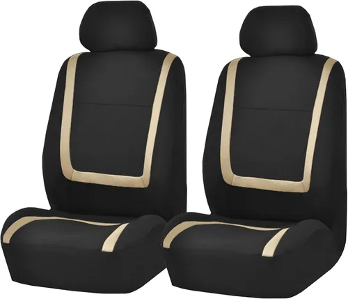 FH Group - Juego de fundas de asientos frontales para automóvil, de tela beige, para asientos de respaldo bajo con reposacabezas removibles, ajuste