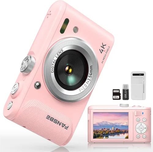 Fansbe Smart Cámara digital, cámara de vlogging 4K con 64 MP, cámaras digitales apuntar y disparar con zoom de 18X, antivibración, dial de modo,