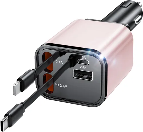 Miniatura 10 de Adaptador de Carga de Coche Retráctil para iPhone 17, Cargador de Coche para Teléfono 4 en 1 de Carga Rápida, Accesorios para Coche y Camión USB C