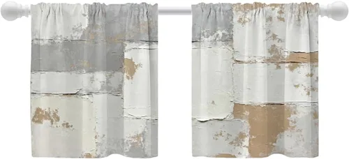 Miniatura 180 de Shrahala Beige and Orange Abstract Art Brushstrokes Blackout Curtain Tiers, Abstract Oil Paint Kitchen Valance Light Blocking Tier Drapes with Rod