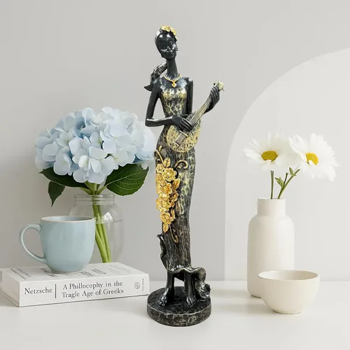Miniatura 4 de Lescafita Mujer africana con estatua de resina de laúd – Figura de escultura musical tribal hecha a mano – Decoración cultural afrocéntrica