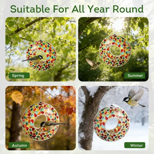 Miniatura 6 de Lily's Home Comedero Colgante de Mosaico de Vidrio de 15 Cm para Pájaros al Aire Libre Comedero Grande para Pájaros con Paso para Volar
