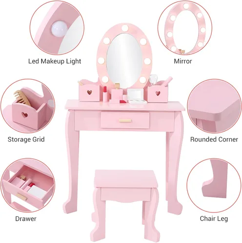 Miniatura 3 de GarveeHome Juego de tocador para niños con espejo iluminado, mesa de tocador y silla para niños, juego de maquillaje para niñas, rosa