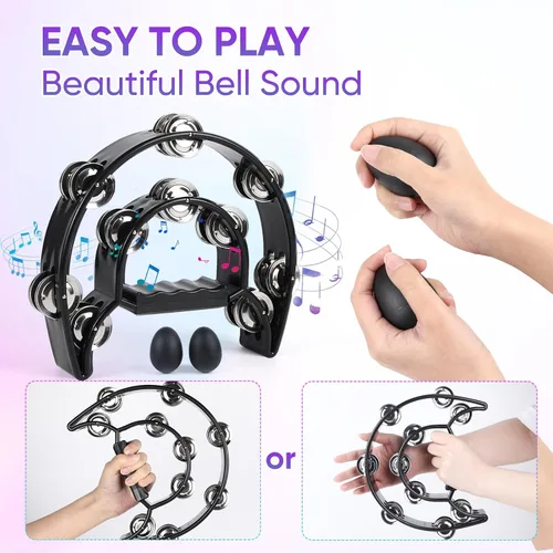 Miniatura 4 de Pandereta de Doble Fila con Cascabeles de Metal, Instrumento de Percusión de Mano en Forma de Media Luna para Adultos y Niños, Fiestas, KTV, Negro