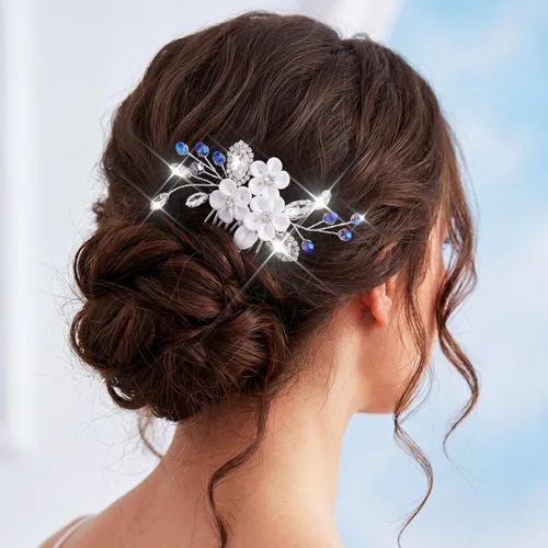 Miniatura 2 de Catery Peine para el cabello de boda con diseño de flores para novia, color plateado, pequeño peine lateral azul, accesorios de joyería para mujeres