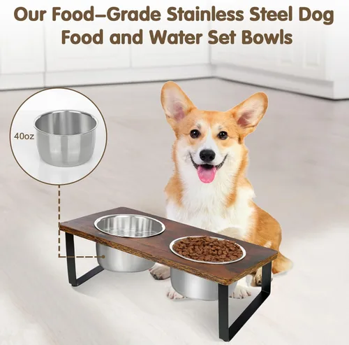 Miniatura 2 de Cuencos elevados para perros pequeños y medianos de madera con 2 cuencos profundos de acero inoxidable para alimentos y agua, antivómitos, platos