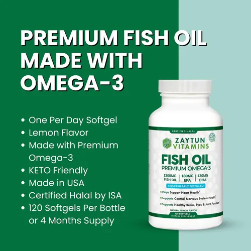 Miniatura 6 de Zaytun - Aceite de pescado Halal de 1200 mg Omega-3, EPA/DHA premium, uno por día, apoyo diario para el bienestar, suministro de 4 meses, sabor a