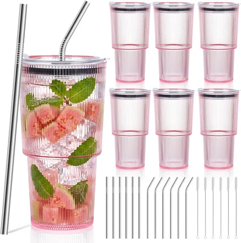Miniatura 9 de 2 Pcs 20oz Plastic Ribbed Tumblers with Lid and Straws Blue Plastic Reusable Iced Coffee Cups with Lid Unbreakable Vintage Ribbed Drinking Glasses