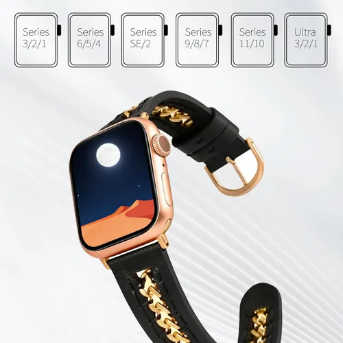 Miniatura 2 de HANDODO Correa de piel auténtica italiana con detalles de cadena dorada, compatible con Apple Watch Series 10 9 8 7 6 5 4 3 2 1 SE SE2 Ultra, correa