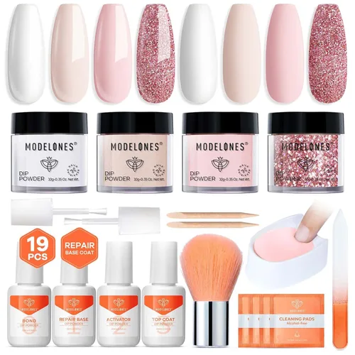 Miniatura 13 de Modelones - Kit de polvo de inmersión para uñas, 4 colores transparente, nude, blanco, rosa, set de iniciación con líquido y accesorios completos