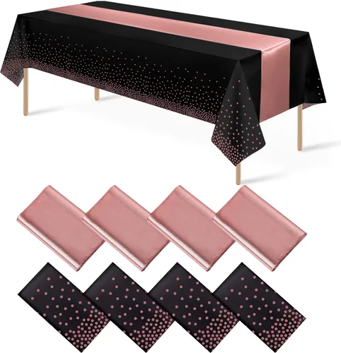 Miniatura 18 de 8 paquetes de manteles de plástico desechables y juego de camino de mesa de satén negro con dorado, mantel de satén dorado para graduación, boda