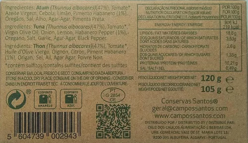 Conservas Santos Portugal - Atún enlatado con pimienta habanero - 4.23oz / 120gr (paquete de 5 latas)