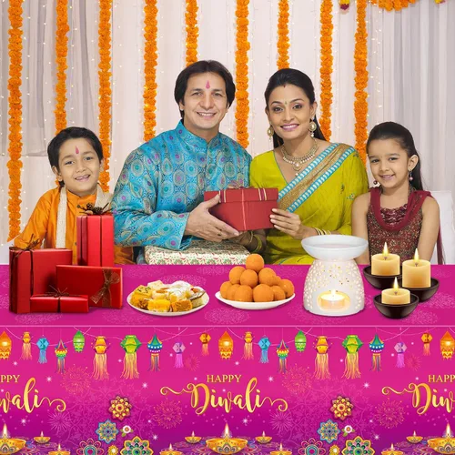 Miniatura 8 de Paquete de 3 manteles desechables Happy Diwali, mantel de plástico para mesas rectangulares, mantel Diwali para decoración india de Diwali