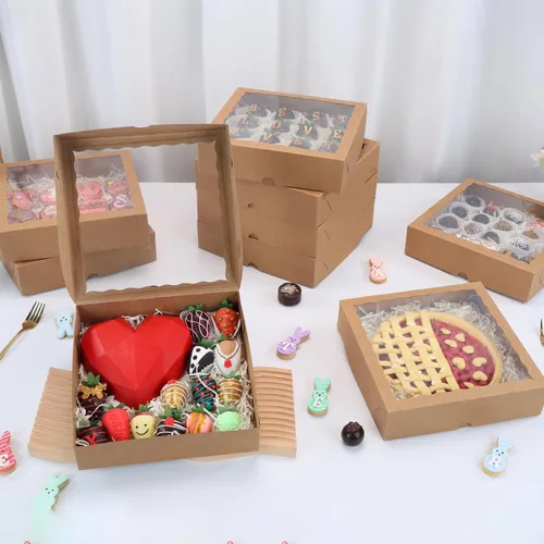 Miniatura 2 de TEMLQPACK 6 piezas cajas de panadería marrones de 10 x 10 x 2.5 pulgadas con ventana, tartas, galletas, fresas cubiertas de chocolate, corazón