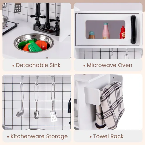 Miniatura 4 de INFANS Juego de cocina para niños, juego de cocina de madera con luz y sonido realistas, estufa, fregadero, microondas, armario de almacenamiento