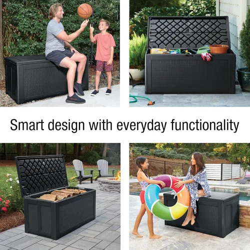 Miniatura 3 de Caja de almacenamiento para exteriores de resina extra grande Rubbermaid (134 galones), resistente a la intemperie, color negro, organización