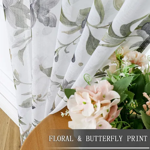 Miniatura 3 de Tollpiz Cortinas cortas y traslúcidas con estampado de mariposas y cerezo gris, media cortina con bolsillo para barra de cocina, cortinas