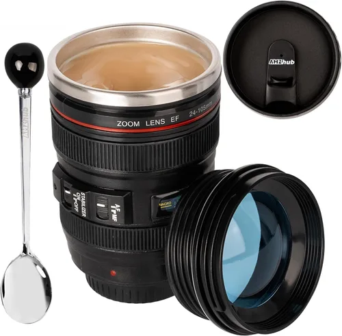 Miniatura 9 de Taza de café con lente de cámara, taza de café de viaje, taza de lente de acero inoxidable, termo con tapa y cuchara, regalos geniales para A azul