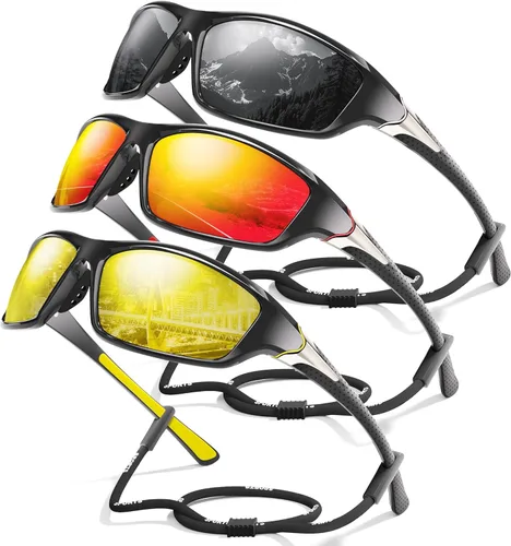Miniatura 9 de Paquete de 3 lentes de sol deportivos polarizados para hombres, gafas de sol masculinas envolventes con protección UV para ciclismo, pesca