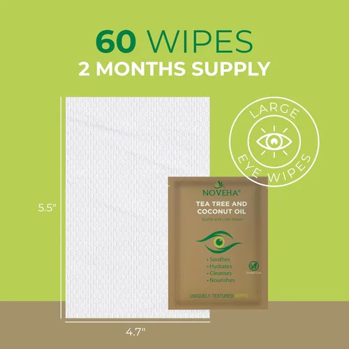 Miniatura 5 de NOVEHA 60 toallitas para párpados y pestañas de árbol de té y aceite de coco, para demodex, blefaritis y picazón en los ojos, toallitas de pestañas
