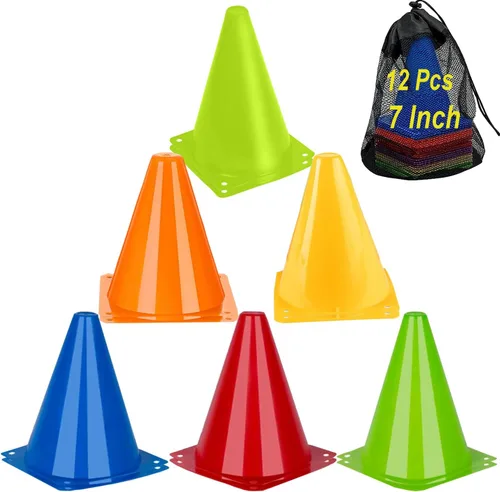 Conos de fútbol para entrenamiento deportivo, agilidad, conos de campo, paquete de 12 conos de entrenamiento de 7 pulgadas con bolsa de malla, conos