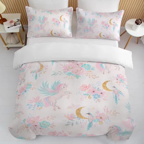 Miniatura 2 de BEDMUST Funda de edredón de unicornio tamaño individual, suave y lindo juego de ropa de cama de unicornio rosa con hojas de flores y pájaros azules