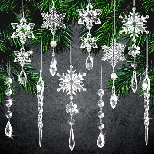 20 adornos de árbol de cristal, decoraciones de árbol de Navidad, adornos de cristal de copo de nieve, adorno de Navidad acrílico colgante, gota de