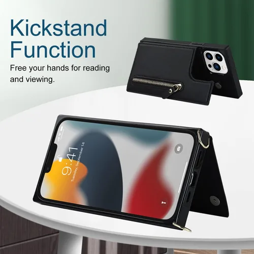 Miniatura 5 de Funda cruzada para teléfono iPhone 13 Pro Max de cuero con tarjetero, funda protectora extraíble, correa de cuero ajustable con botón, compatible