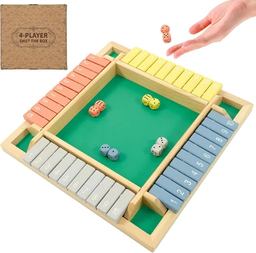 WOOD CITY Juego Shut The Box de Madera para 4 Jugadores, Juego de Mesa Clásico para Niños y Adultos, Juguete Educativo de Aprendizaje de
