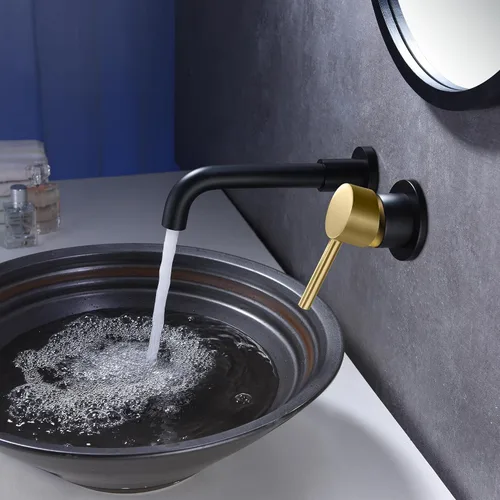 Miniatura 2 de SUMERAIN Grifo de baño de montaje en pared negro y dorado Grifo de montaje en pared para lavabo de baño, con dos manijas y válvula de instalación