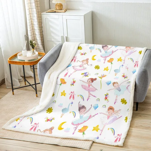 Manta de forro polar con estampado de bailarina rosa para niñas, felpa suave y mullida para cama, sofá, bonita sherpa floral de hoja de palma Multi
