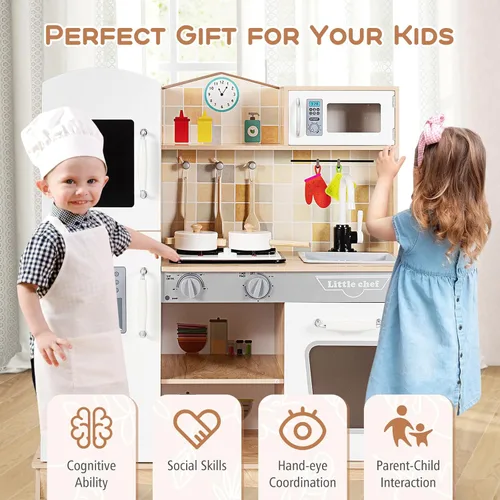 Miniatura 6 de Costzon Juego de cocina para niños, cocina de juguete de madera con luz y sonido, microondas, máquina de hielo, horno, fregadero y grifo, accesorios