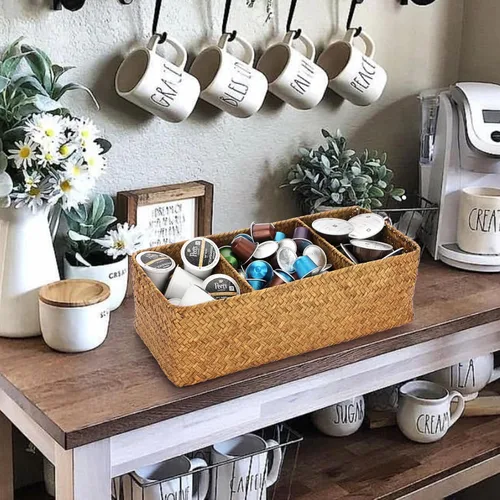 Miniatura 4 de ELLDOO Cesta de almacenamiento de mimbre de mimbre de hierba marina, organizador de cápsulas de café de gran capacidad para cápsulas K Cup Marrón