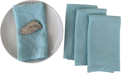 Servilletas de lino – 100% lino francés – Servilletas de tela de lino puro lavado a la piedra – Esquinas en inglete – Juego de 4 (aguamarina)