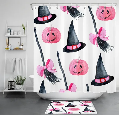 Miniatura 26 de LB Cortina de ducha de feliz Halloween para baño, flamenco rosa y calabaza naranja con sombrero mágico, cortina de ducha de tela con ganchos, juego