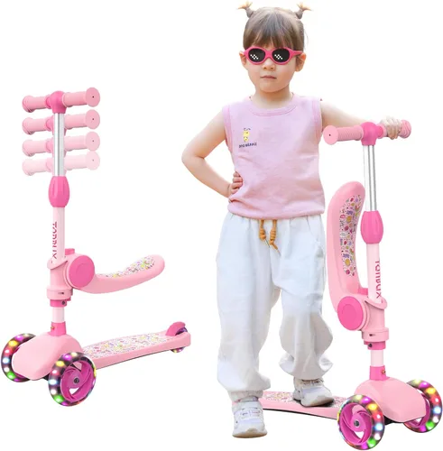 TONBUX Kids Scooter with Seat, 3 Wheels Scooter with PU Luminous Wheels, Non-Slip Handle and Wide Deck, Sensitive Brakes, 4-Level Adjustable Height,