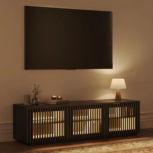 Miniatura 10 de POVISON Soporte de TV Moderno de Mediados de Siglo Completamente Ensamblado, Consola Multimedia de Listones de Madera de 59.06" para TV de 55