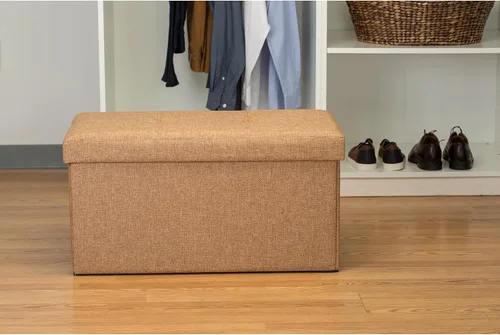 Miniatura 7 de Simplify Otomana plegable de almacenamiento de lino sintético, doble, plegable, asiento acolchado copetudo, reposapiés, caja de juguetes, banco
