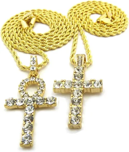 Miniatura 3 de Juego de collares de cadena doradas con colgantes con brillos de cruz ansada egipcia y cruz de 60.9cm, 76.2cm, estilo hip hop, para hombre