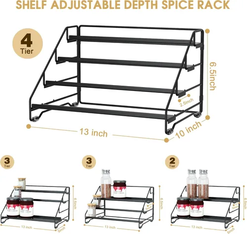 Miniatura 3 de Jolitac Organizador de especias de 4 niveles, estante ajustable de profundidad, estante de especias de metal, perfecto para almacenamiento