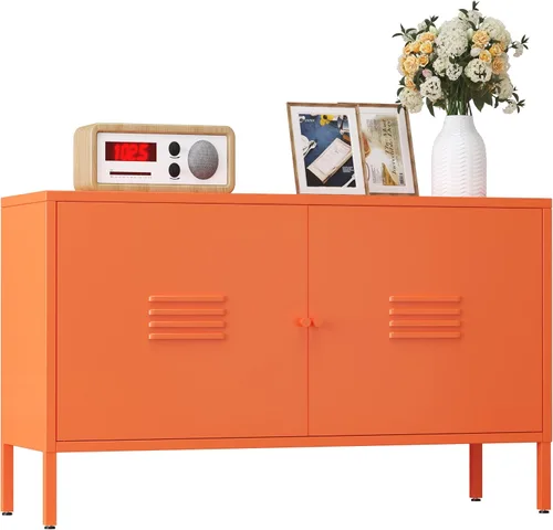 Miniatura 9 de Gabinete de almacenamiento de metal, soporte de TV de 2 puertas, armario decorativo con puertas y estante ajustable, armario de metal, mesita